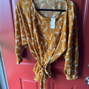 Anthropologie Mustard Floral Tie-Front Blouse L NWT